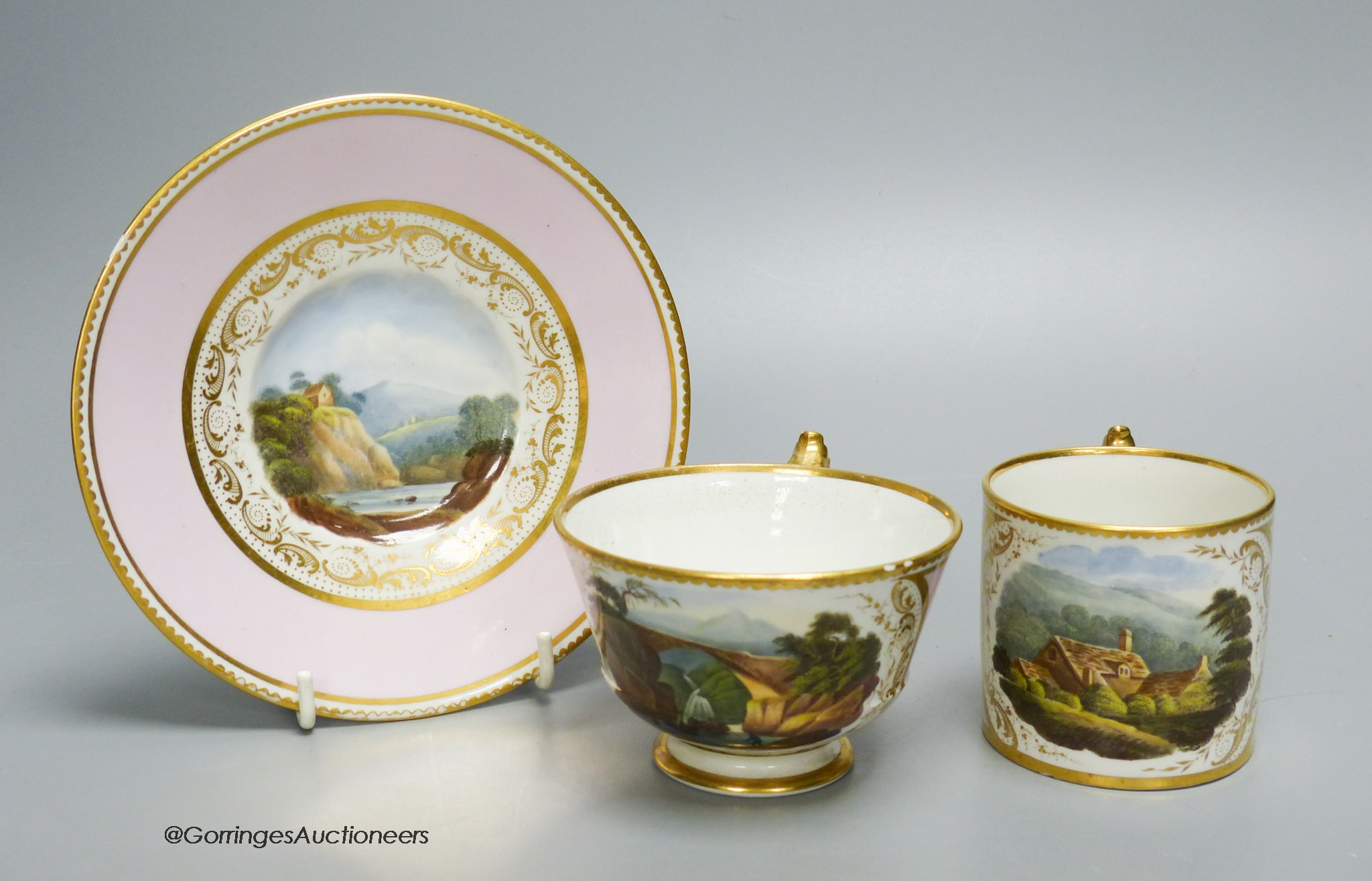 A finest quality Barr Flight and Barr coffee can, teacup and saucer painted with named scenes surrounded by a pink ground, saucer 15cm diameter